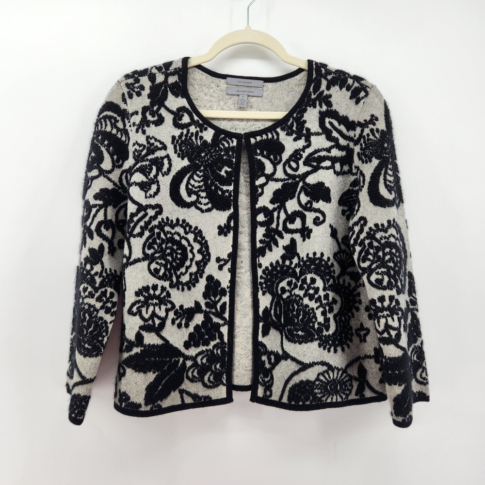 Classiques Enrier Cashmere Floral‎ Cardigan Sweater Gray Black Womens Medium